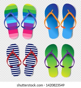 Summer Colorful Flip Flops Set Transparent Background With Gradient Mesh, Vector Illustration