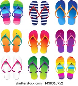 Summer Colorful Flip Flops Set White Background With Gradient Mesh, Vector Illustration