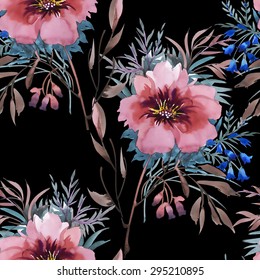 Summer Colorful floral garden watercolor Seamless pattern on black background vector illustration