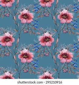 Summer Colorful floral garden watercolor Seamless pattern on blue background vector illustration