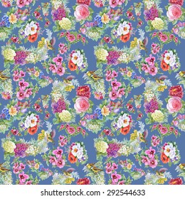 Summer Colorful floral watercolor Seamless pattern on blue background with birds vector illustration