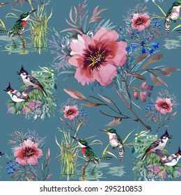 Summer Colorful floral watercolor Seamless pattern on blue background with birds vector illustration