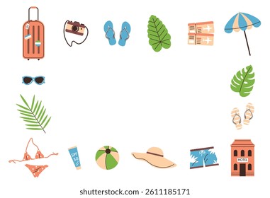 Summer colorful frame. Vacation and holiday concept. Beach elements on white background. Promotion design. Banner, poster. Swimsuit, suitcase and camera.