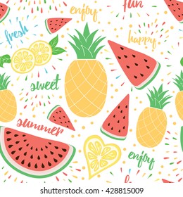 Summer colorful fresh and sweet fruits background. Seamless pattern for package design, wallpaper or wrap. Tropical and happy summer holiday ornament.