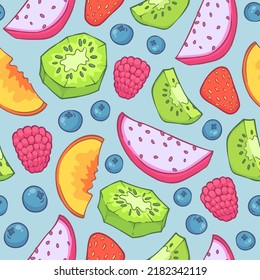 Summer colorful fruit pattern of kiwi, raspberries, blueberries, peaches, papaya and strawberries
