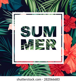 Summer Colorful Hawaiian Flyer Design With Tropical Plants And Hibiscus Flowers, Vector Illustration