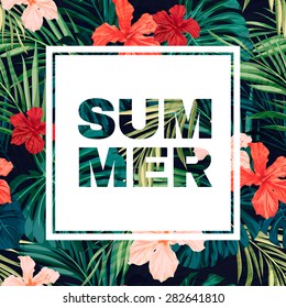 Summer Colorful Hawaiian Flyer Design With Tropical Plants And Hibiscus Flowers, Vector Illustration