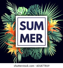 Summer colorful hawaiian flyer design with tropical plants and orange flowers.