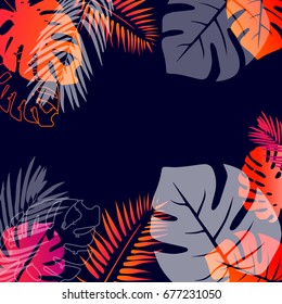 Summer colorful hawaiian pattern with tropical plants and hibiscus flowers, vector illustration