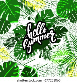 Summer colorful hawaiian pattern with tropical plants and hibiscus flowers, vector illustration