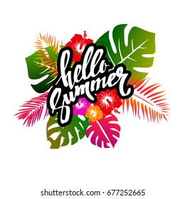 Summer colorful hawaiian pattern with tropical plants and hibiscus flowers, vector illustration