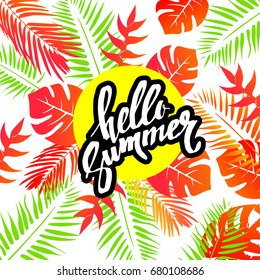 Summer colorful hawaiian pattern with tropical plants and hibiscus flowers, vector illustration