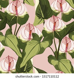 Summer Colorful Hawaiian Seamless Pattern With Tropical Plants And Spathiphyllum Flowers.