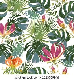 Summer colorful hawaiian seamless pattern with tropical plants and Gloriosa flowers, white background vector illustration.