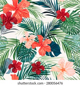 Patrón hawaiano de color veraniego sin fisuras con plantas tropicales y flores de hibisco, ilustración vectorial