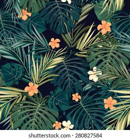 Summer colorful hawaiian seamless pattern with tropical plants and hibiscus flowers, vector illustration