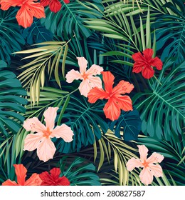 Summer colorful hawaiian seamless pattern with tropical plants and hibiscus flowers, vector illustration