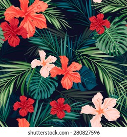 Summer Colorful Hawaiian Seamless Pattern With Tropical Plants And Hibiscus Flowers, Vector Illustration
