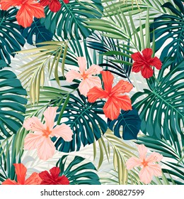 Summer Colorful Hawaiian Seamless Pattern With Tropical Plants And Hibiscus Flowers, Vector Illustration