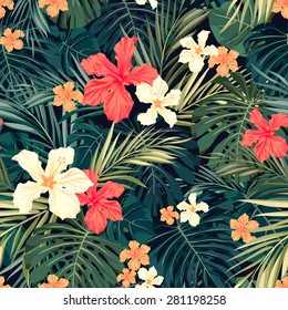 Summer colorful hawaiian seamless pattern with tropical plants and hibiscus flowers, vector illustration