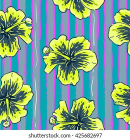 Summer colorful hawaiian seamless pattern with hibiscus flowers