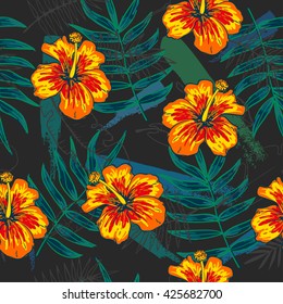 Summer colorful hawaiian seamless pattern with tropical plants and hibiscus flowers