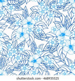 Summer colorful hawaiian seamless pattern with tropical plants and hibiscus flowers.