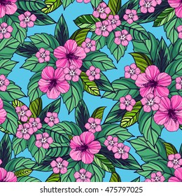 Summer colorful hawaiian seamless pattern with tropical plants and hibiscus flowers.