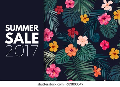 Summer colorful hawaiian vector flyer design with tropical palm leaves and hibiscus flowers