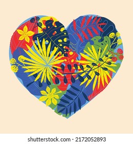 Summer colorful heart made of palm leaves. Boho illustration.