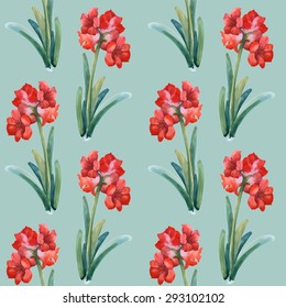 Summer Colorful Hippeastrum floral watercolor Seamless pattern on green background vector illustration