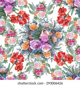 Summer Colorful Hippeastrum and roses floral watercolor Seamless pattern on white background vector illustration