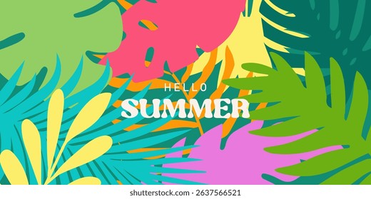 Summer colorful horizontal abstract background with tropical leaves. Botanical jungle leaves and floral frame. Design template for discount, ad, branding, banner, cover, label, poster, sale.