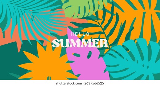 Summer colorful horizontal abstract background with tropical leaves. Botanical jungle leaves and floral frame. Design template for discount, ad, branding, banner, cover, label, poster, sale.