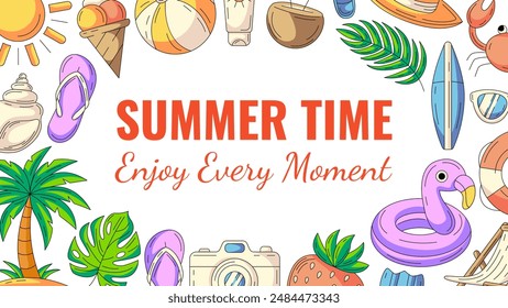 Summer colorful horizontal banner, beach accessories icons. Round border frame, copy space, isolated on white. Summertime, enjoy every moment. For poster, flyer, card, invitation, social media