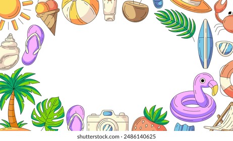 Summer colorful horizontal banner, beach accessories icons. Round border frame, space for text in the middle, isolated on white. Summertime, enjoy every moment. For poster, flyer, card, invitation