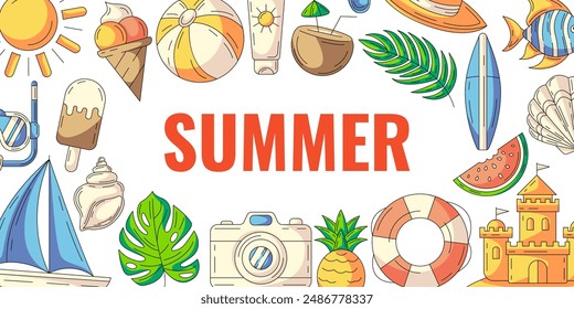 Summer colorful horizontal banner, beach accessories icons. Border frame, copy space, isolated on white. Summertime, holiday and vacation. For poster, flyer, card, invitation, social media, postcard