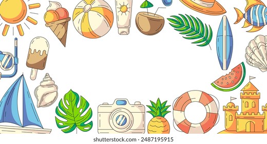 Summer colorful horizontal banner, beach accessories icons. Border frame, space for text in the middle, isolated on white. For poster, flyer, card, invitation, social media, postcard, party or event