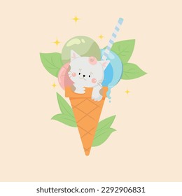 Summer, colorful ice cream balls. Ice cream with pistachios. Kitten with ice cream