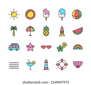 Summer Colorful Icon Set, vector stroke, line. On White Background. Vector flat illustration