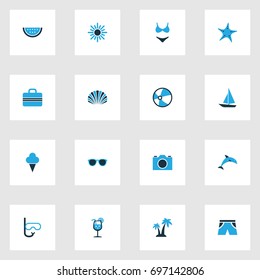 Summer Colorful Icons Set. Collection Of Sun, Swimsuits, Ice Cream And Other Elements. Also Includes Symbols Such As Spectacles, Fish, Lemonade.