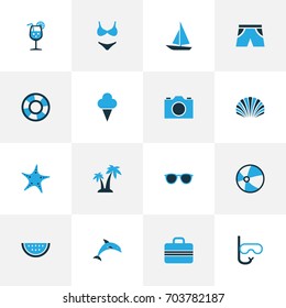 Summer Colorful Icons Set. Collection Of Watermelon, Starfish, Swimming Mask And Other Elements. Also Includes Symbols Such As Lifesaver, Shell, Circle.