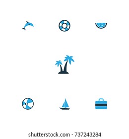 Summer Colorful Icons Set. Collection Of Ball, Dolphin, Suitcase And Other Elements. Also Includes Symbols Such As Ship, Citrus, Fish.