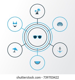Summer Colorful Icons Set. Collection Of Sunglasses, Swimsuits, Umbrella And Other Elements. Also Includes Symbols Such As Trees, Sunshades, Bikini.