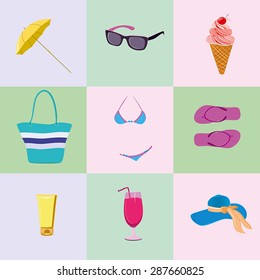 Summer colorful icons set. Vector illustration of design elements. Vector summer images. Set of Color summer clip art. Vector ice cream, sunglasses, hat, flip flops, cocktail, sunscreen isolated.