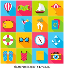 Summer Colorful Icons. Vector Illustration. Set of Flat Rectangle Travel Items with Long Shadow.