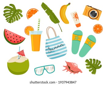 Summer colorful items collection. Holiday set. Vector illustration.
