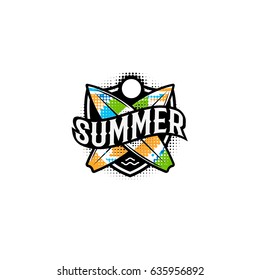 Summer colorful modern logo in a sports style. 2 surf, sun and text on the shield. Vector illustration. Holiday element design poster.