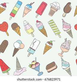 Summer colorful pattern with different kind ice cream in hand draw style. Vector illustration