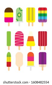 Summer colorful popsicles ice cream stick with milk, chocolate, mint and frozen fruit juice flavour flat vector design icon symbol collection.
